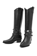 Women's Black Thick Heel Buckle Detailed Leather Cowboy Boots | Derimod
