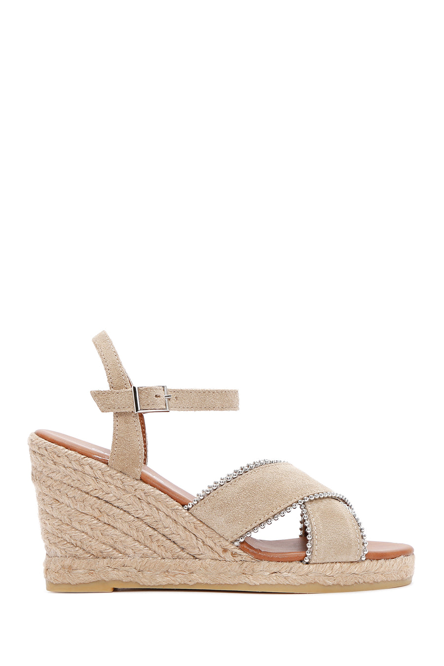 Women's Beige Ankle Strap Wedge Heel Suede Leather Espadrille Sandals 25SFD205910 | Derimod