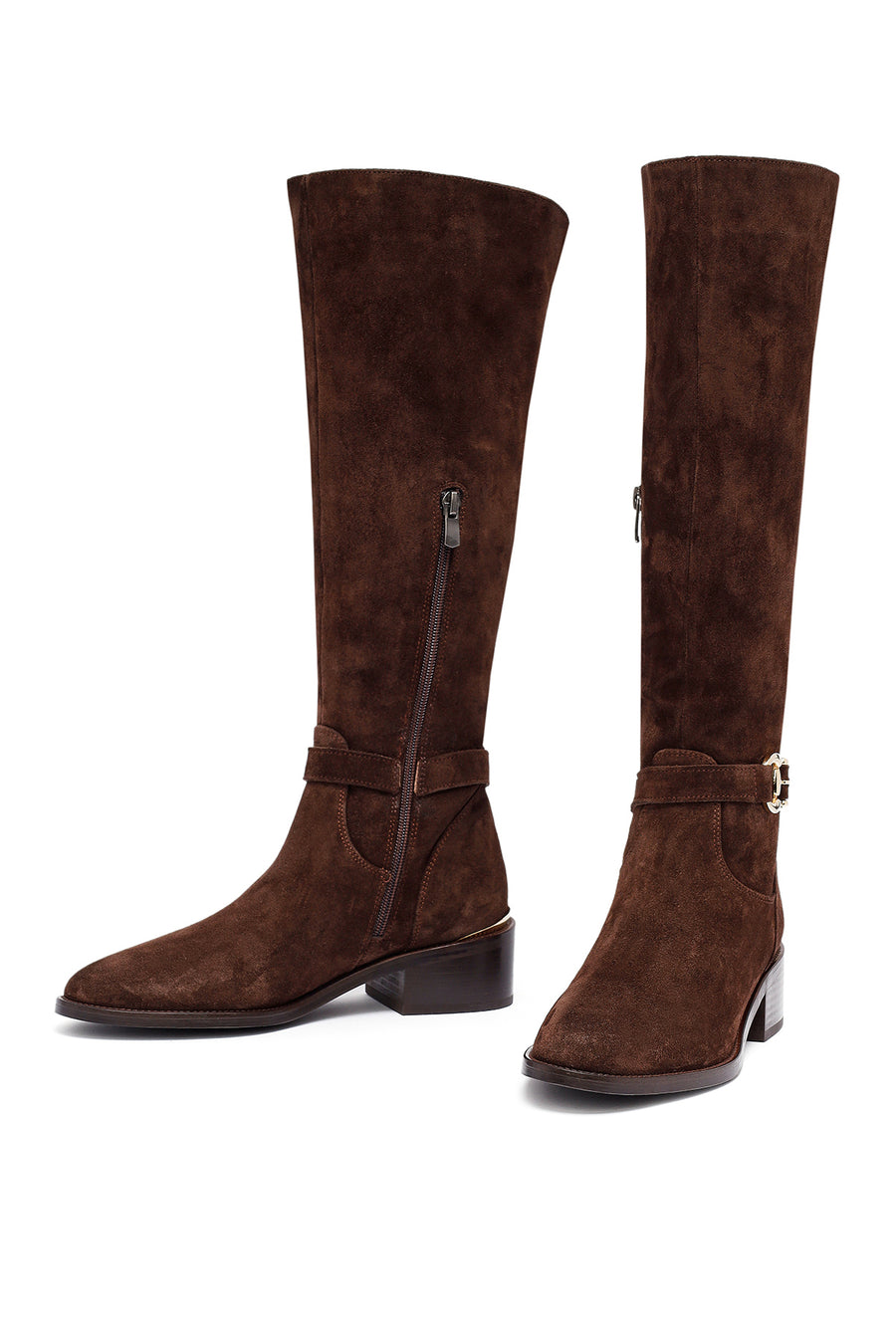Woman Brown Zippered Low Heel Suede Leather Boot