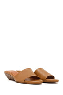 Women's Beige Short Platform Heel Leather Slippers | Derimod