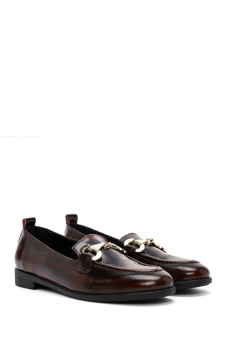 Kadın Bordo Toka Detaylı Deri Maskülen Loafer