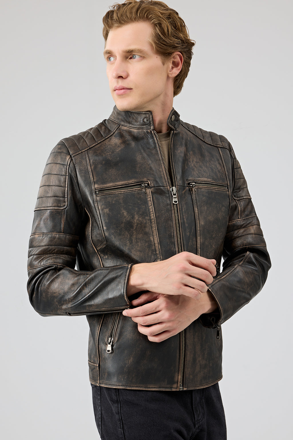 Morant Erkek Kahverengi Vintage Slim-Fit Deri Ceket