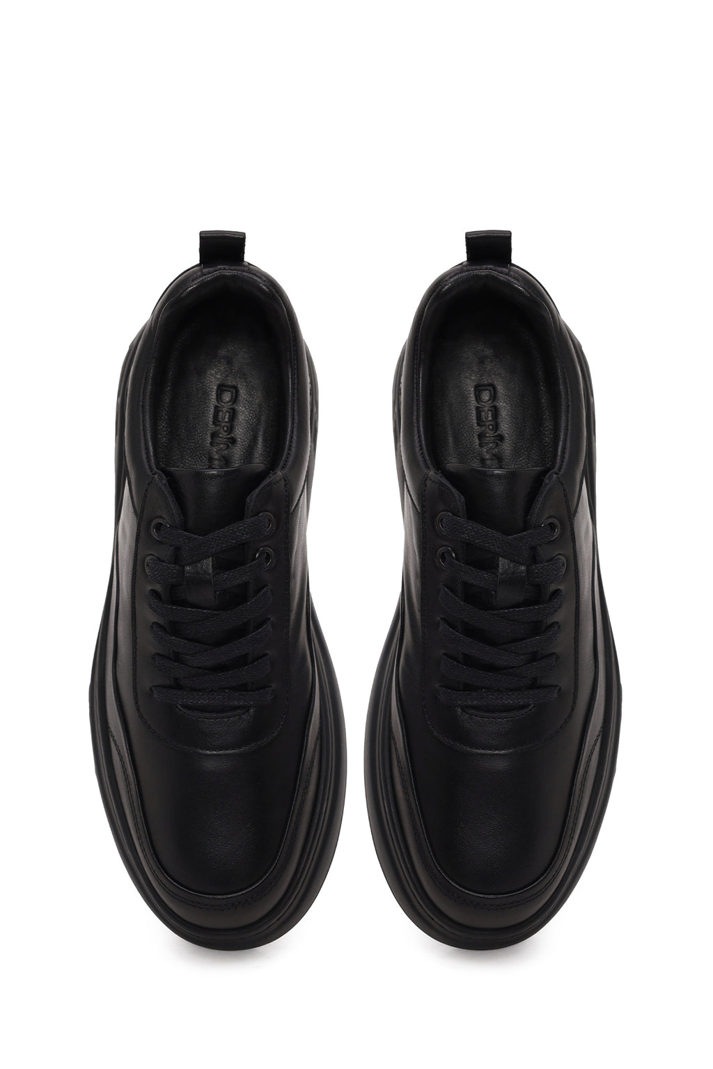 Erkek Siyah Bağcıklı Kalın Tabanlı Deri Sneaker