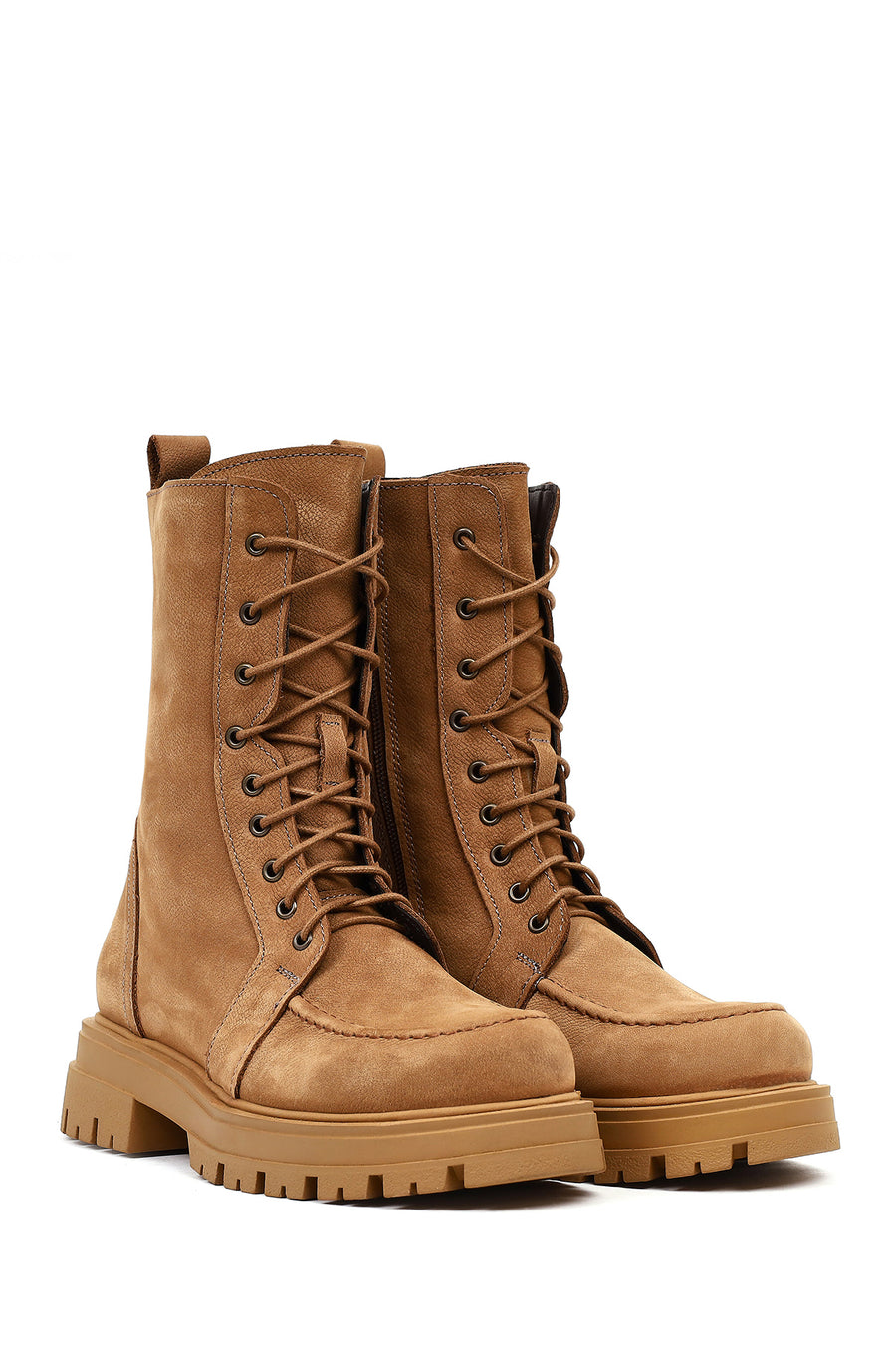 Women's Camel Zippered Thick-Soled Nubuck Leather Ankle Boots