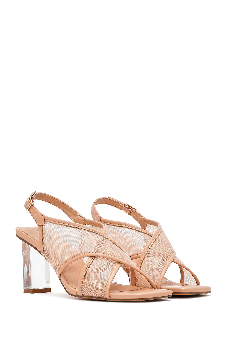 Women's Beige Fabric Sandals with Thick Heels and Buckle Ankle Straps