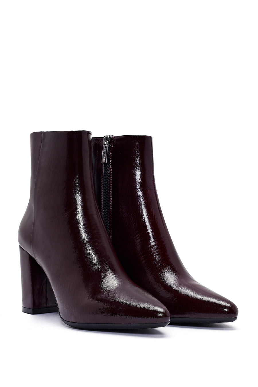 Derimod Gritti Woman Burgundy Zip Closure Thick-Heeled Patent Leather Leather Boots