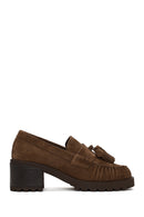 Woman Walnut Tassel Chunky Heeled Suede Loafer | Derimod