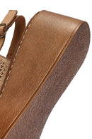 Women's Tan Ankle Strap Printed Wedge Heel Leather Comfort Sandals | Derimod