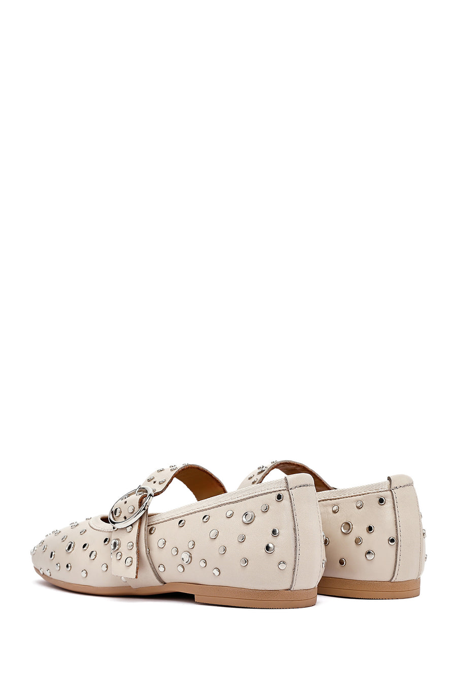 Women's Beige Buckled Stoned Leather Ballerinas