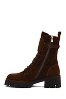 Women's Brown Zippered Thick-Soled Suede Leather Combat Boot | Derimod