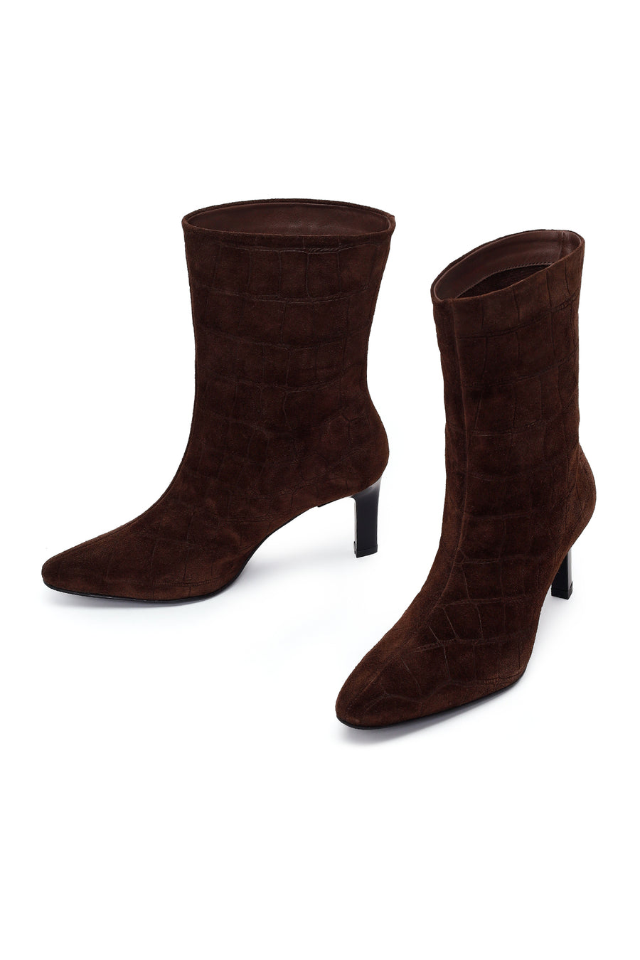 Woman Brown Thin Heeled Printed Suede Boots