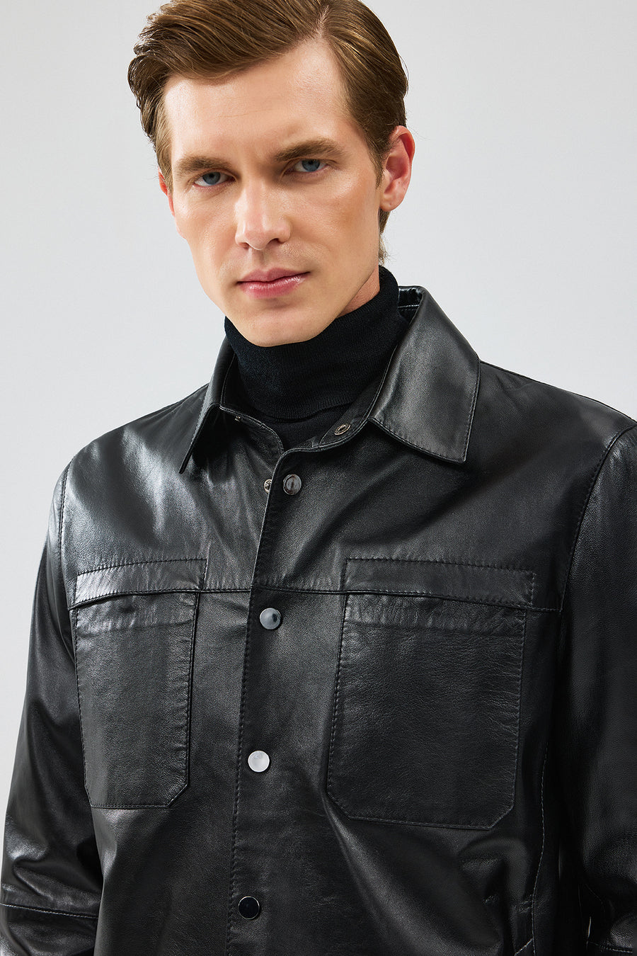 Enzo Men's Black Shirt Collar Leather Jacket