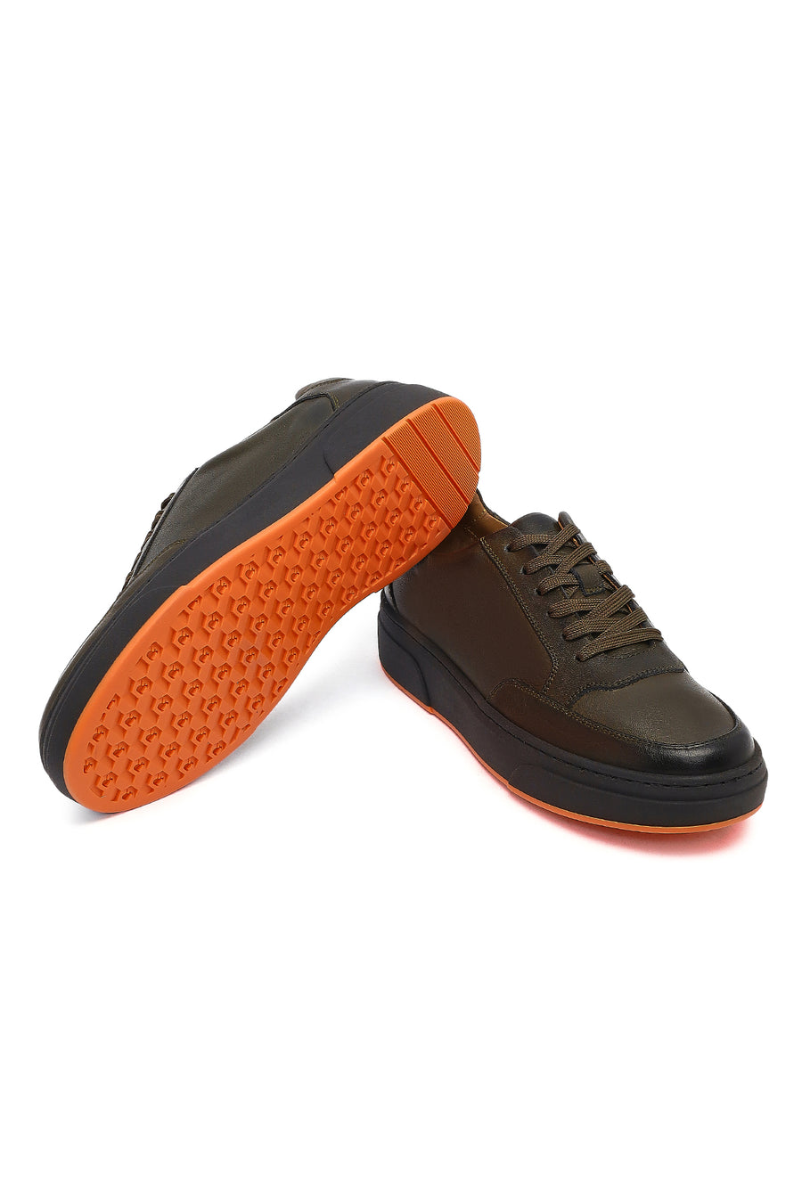 Erkek Haki Bağcıklı Deri Sneaker