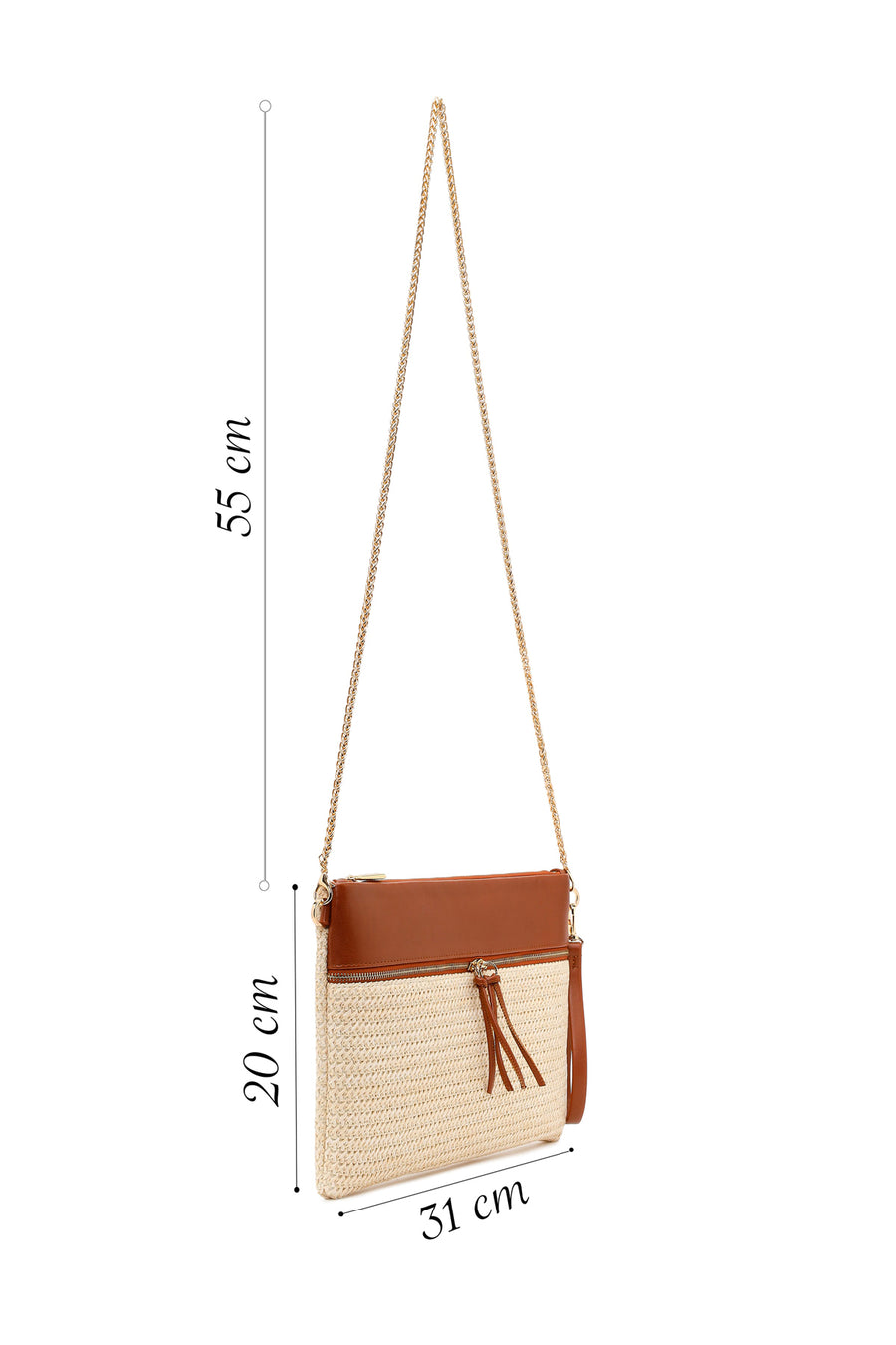 Woman Beige Long Chain Strap Wicker Clutch Bag