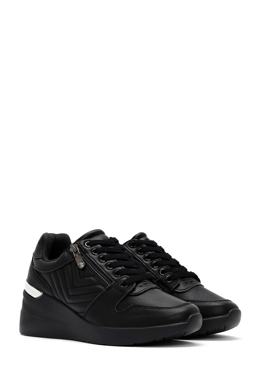 Women's Black Lace-Up Wedge Heel Leather Sneakers