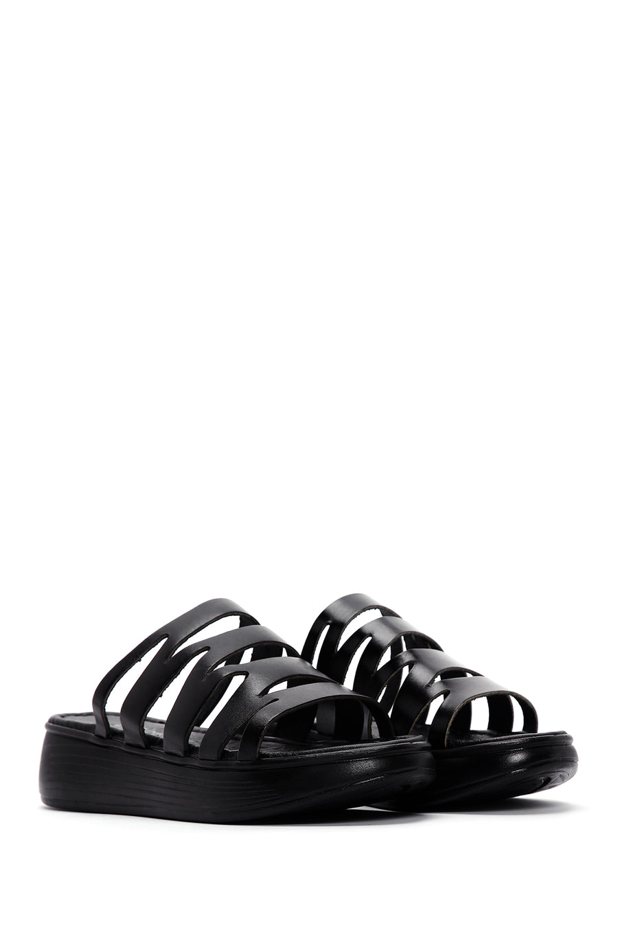 Women's Black Leather Thick Soled Comfort Slippers