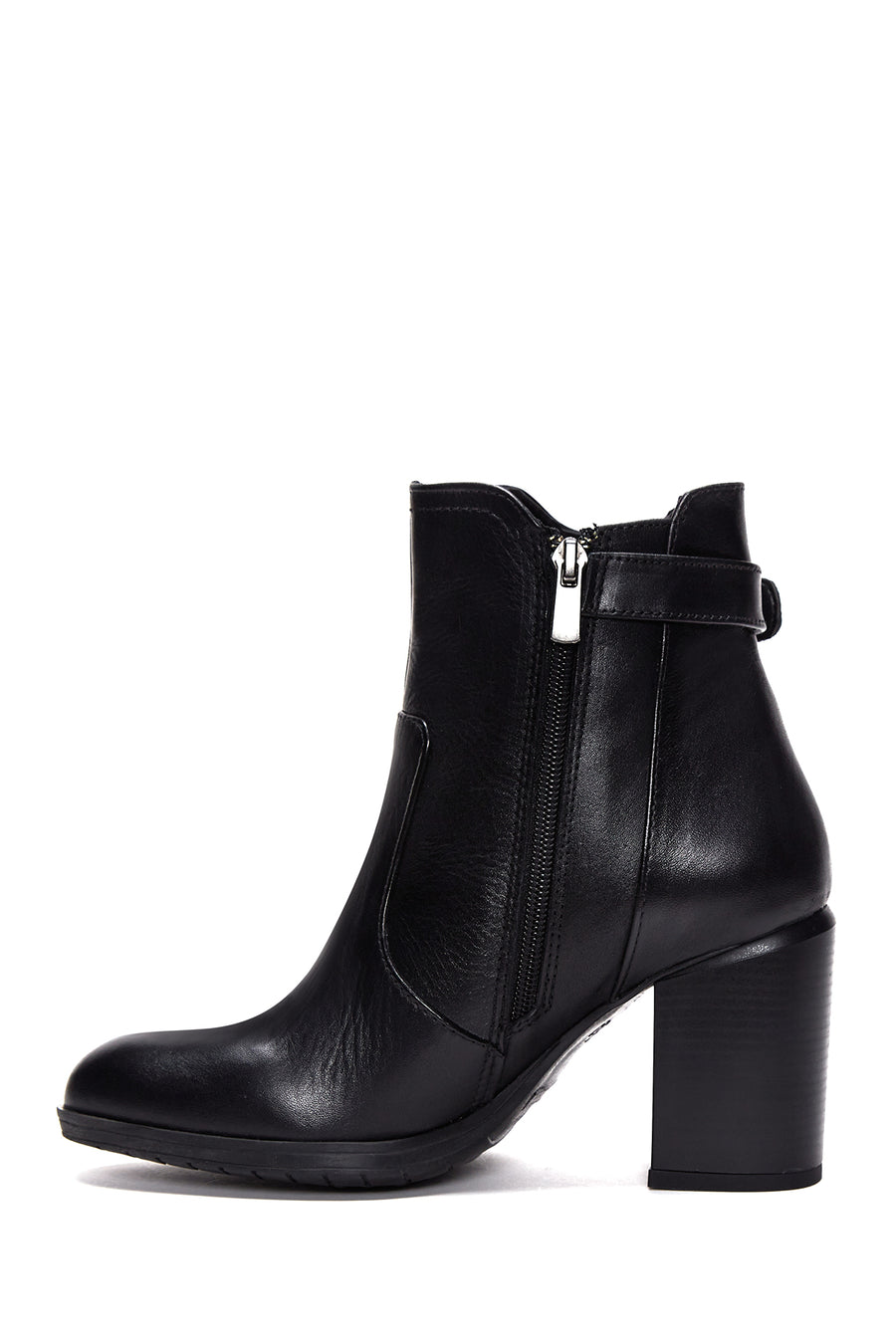 Women's Black Leather Buckle Heeled Boots