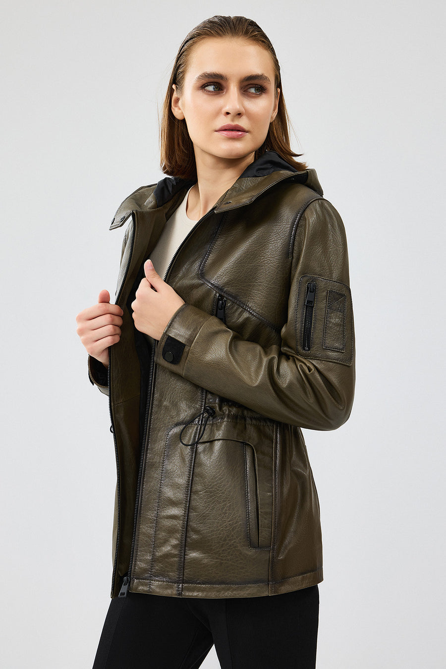 Jessica Women's Khaki Hooded Leather Jacket