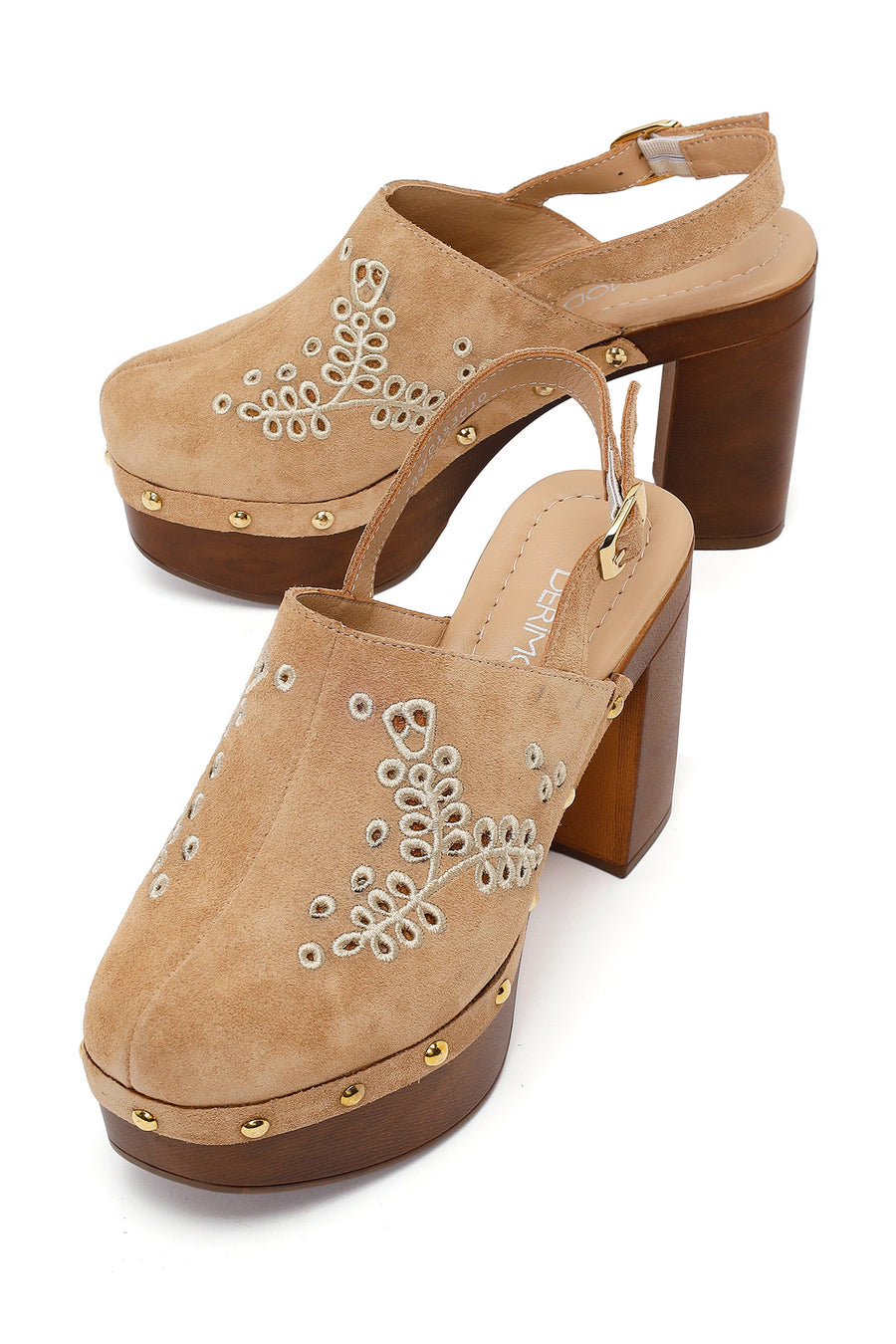 Woman Beige Ankle-Buckle Platform High Chunky High-Heel Suede Sandal