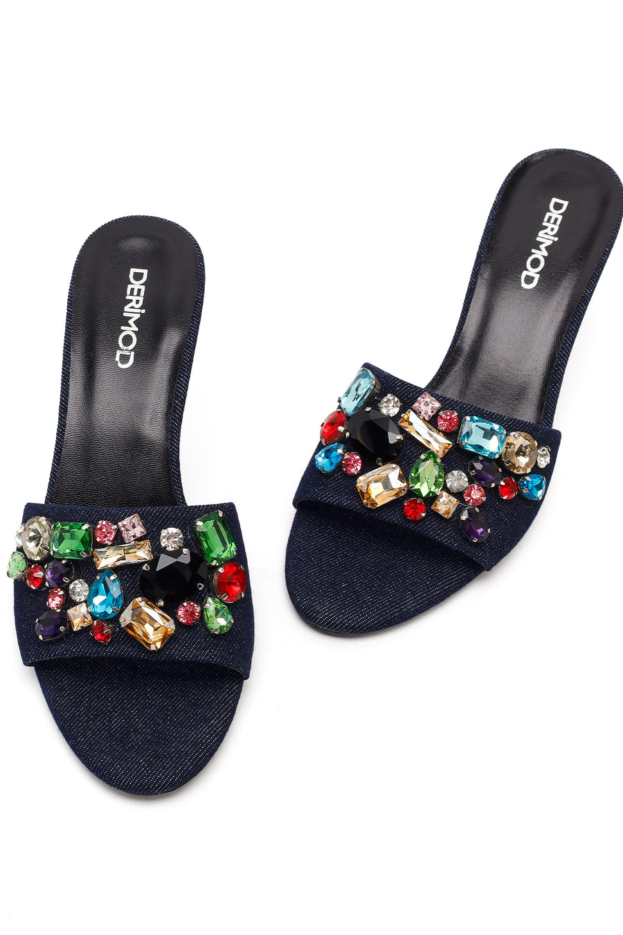 Women's Blue Thin-Heeled Satin Slippers with Rhinestones