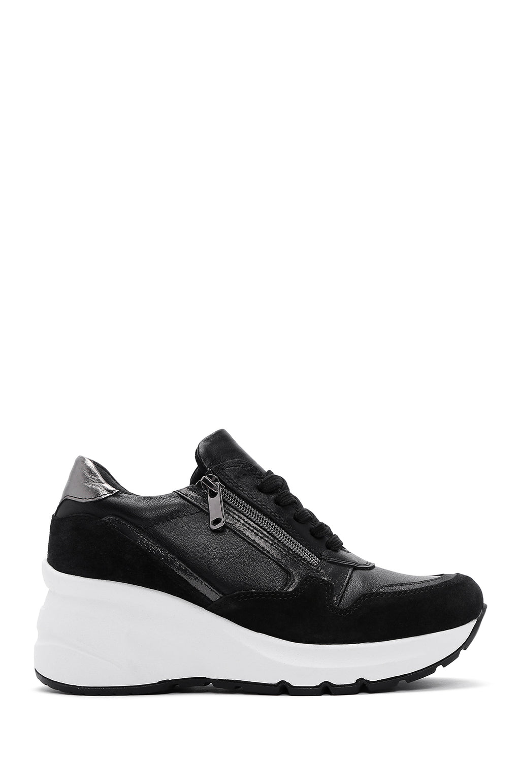 Kadın Siyah Bağcıklı Fermuar Detaylı Dolgu Topuklu Deri Sneaker