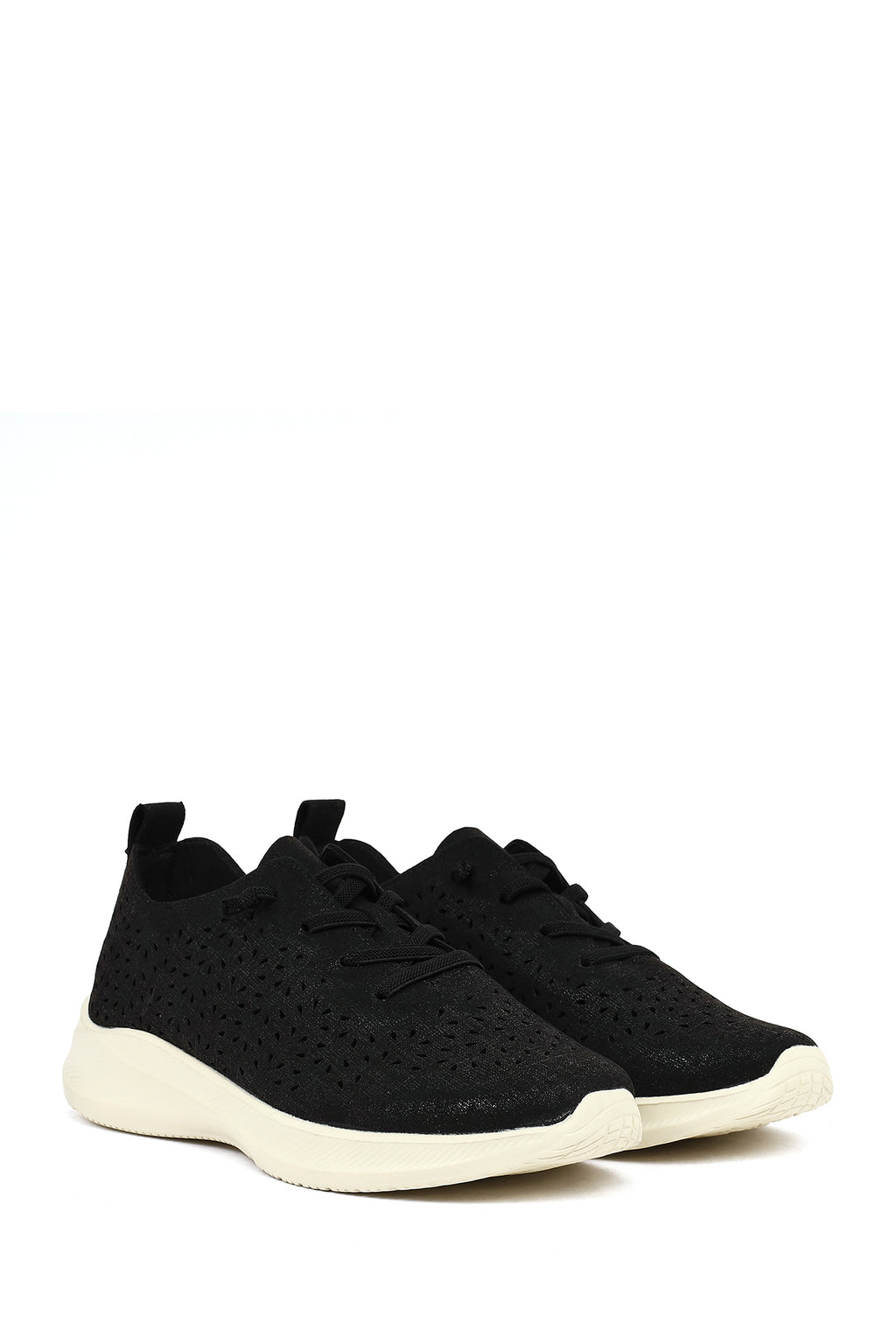 Kadın Siyah Bağcıklı Kalın Tabanlı Desenli Kumaş Comfort Sneaker