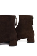 Woman Brown Zip Closure Short Thick-Heeled Suede Boots | Derimod