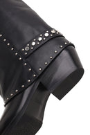 Woman Black Studded Chunky-Heeled Leather Cowboy Boots | Derimod