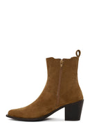 Woman Tan Zip Closure Chunky Heeled Suede Boots | Derimod