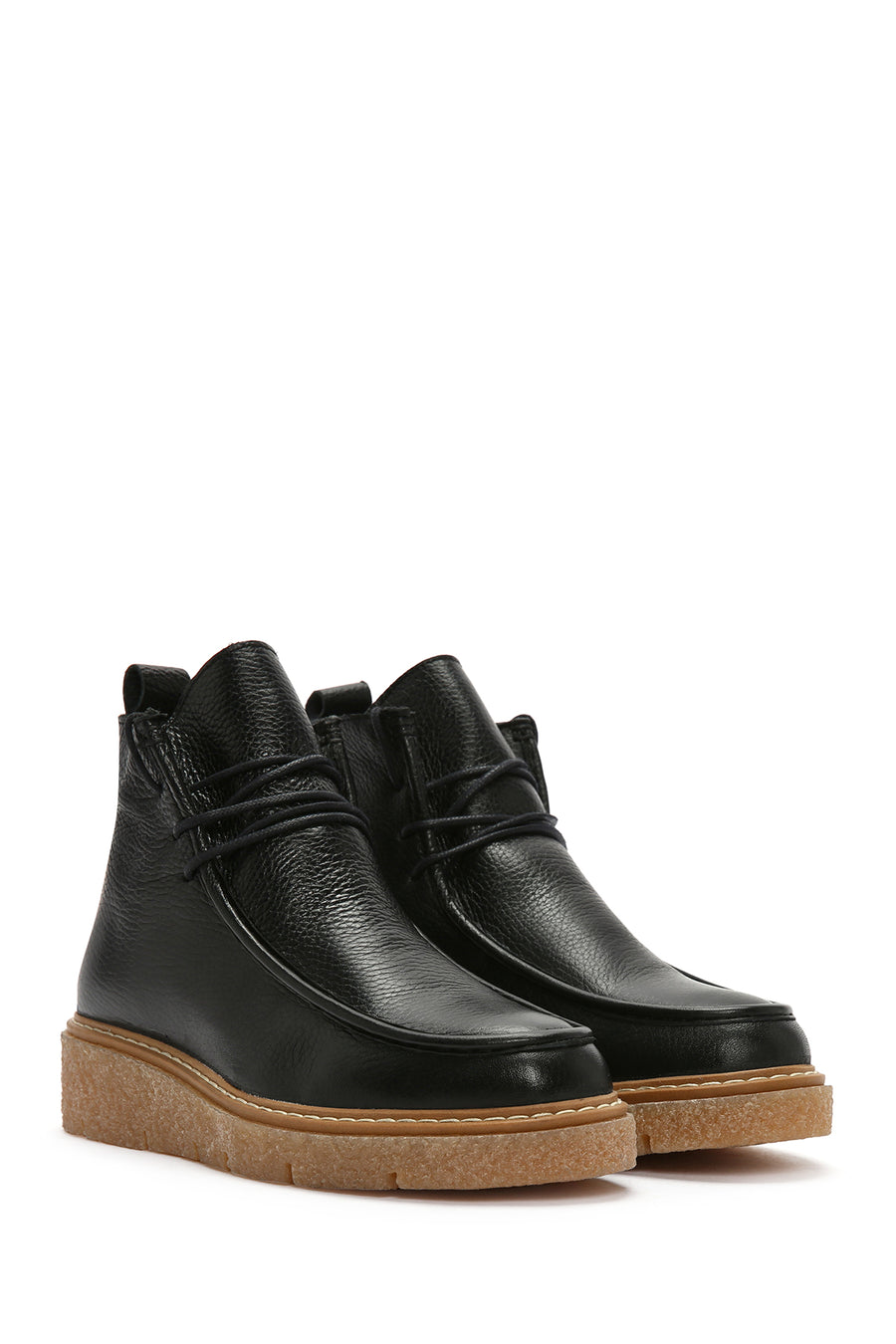 Women's Black Thick Sole Lace Up Leather Boots