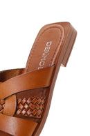 Women's Brown Knitted Detailed Leather Slippers | Derimod
