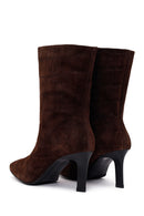 Woman Brown Thin Heeled Printed Suede Boots | Derimod