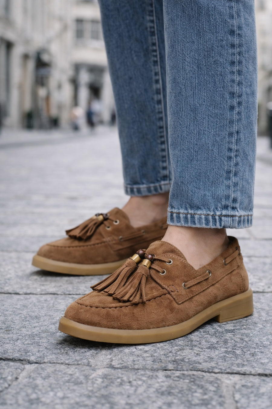 Women's Tan Tassel Suede Leather Loafer