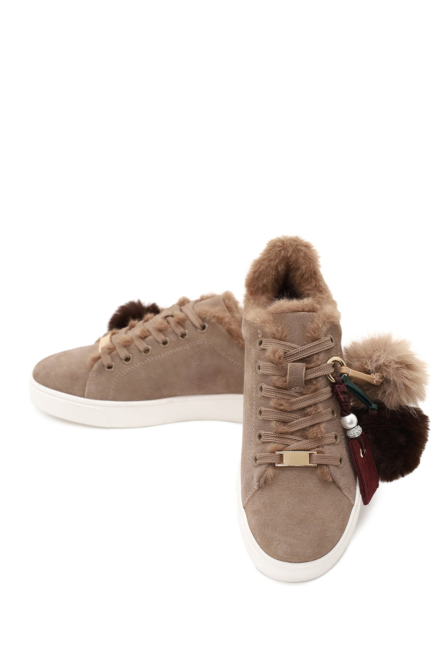 Kadın Vizon Bağcıklı Charmlı Süet Deri Teddy Sneaker
