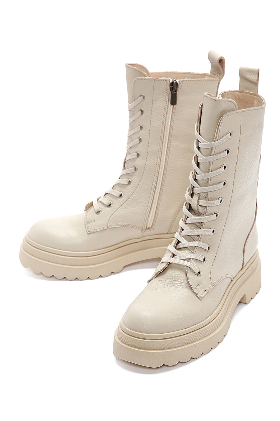Women's Beige Leather Thick Soled Boots