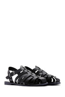Men's Black Leather Buckle Flat Sandals | Derimod
