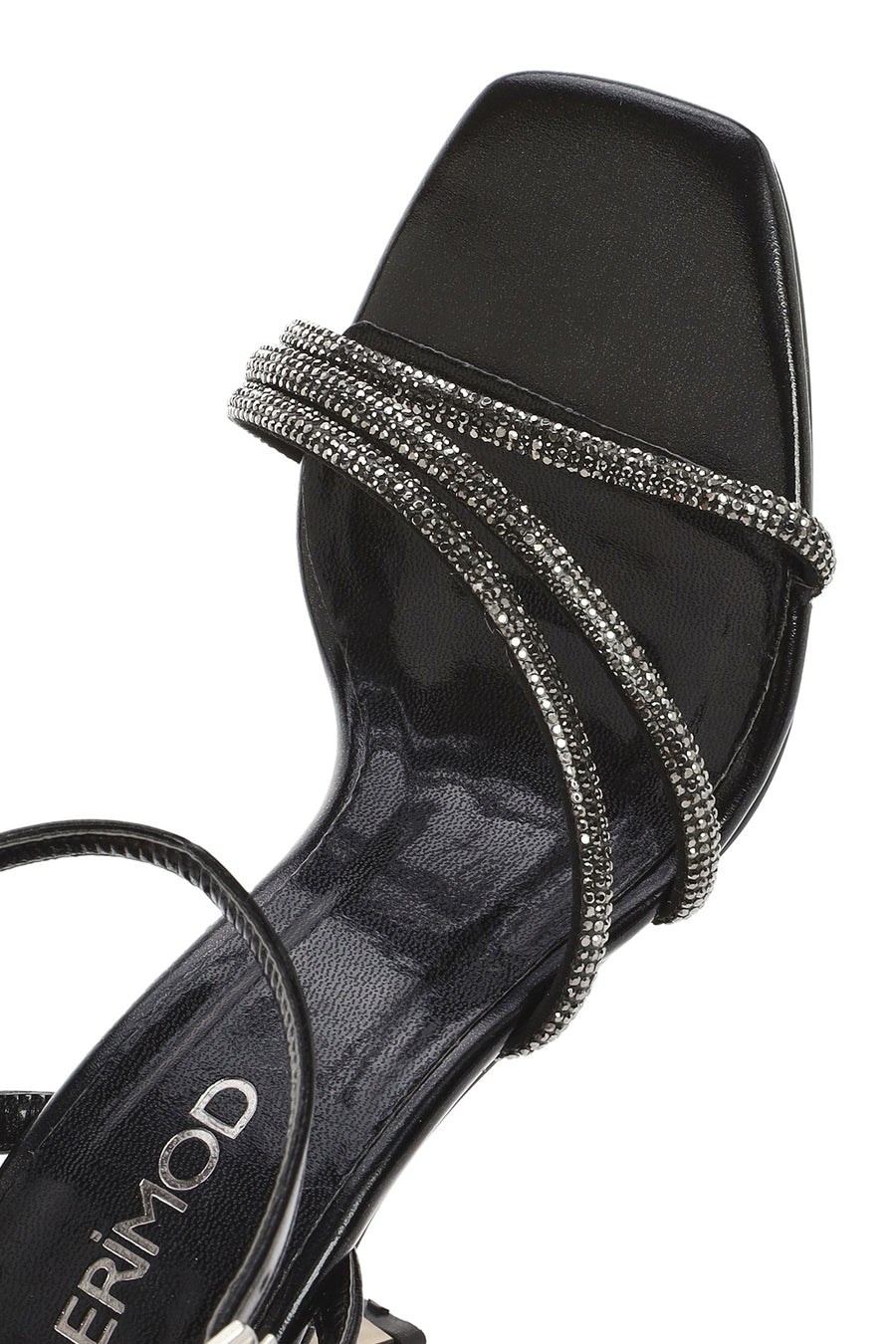 Women's Black Ankle Strap Stone Thin Heel Sandals
