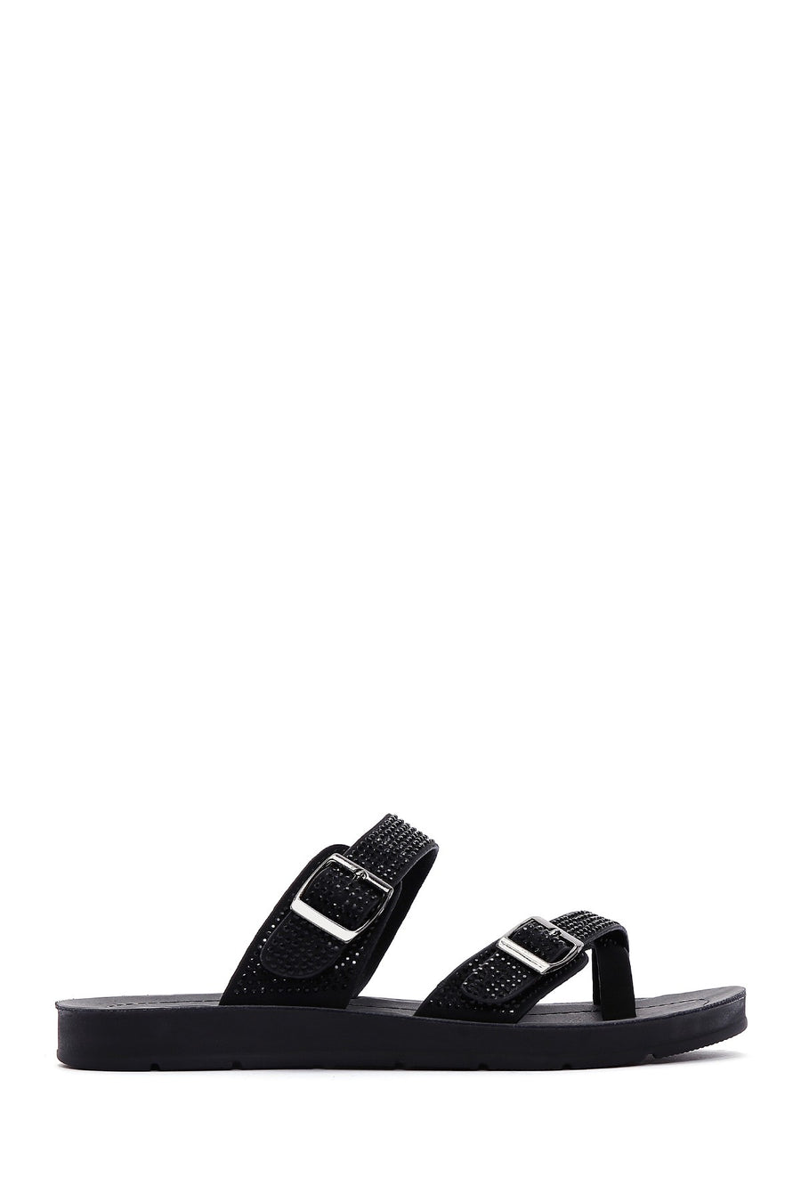 Women's Black Double Buckled Stoned Slippers 26SFE460114 | Derimod