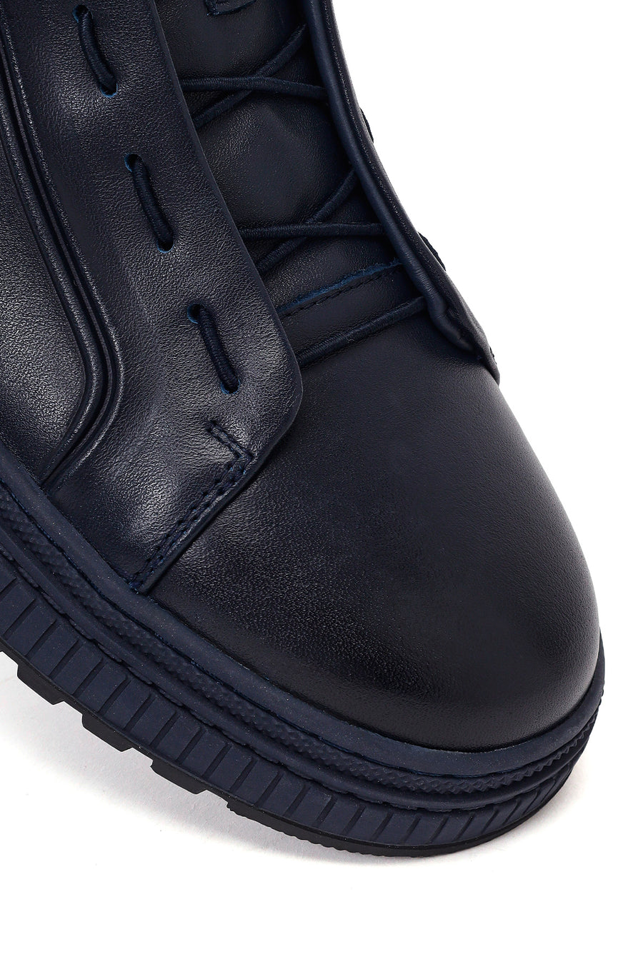 Erkek Lacivert Bağcıklı Deri Sneaker