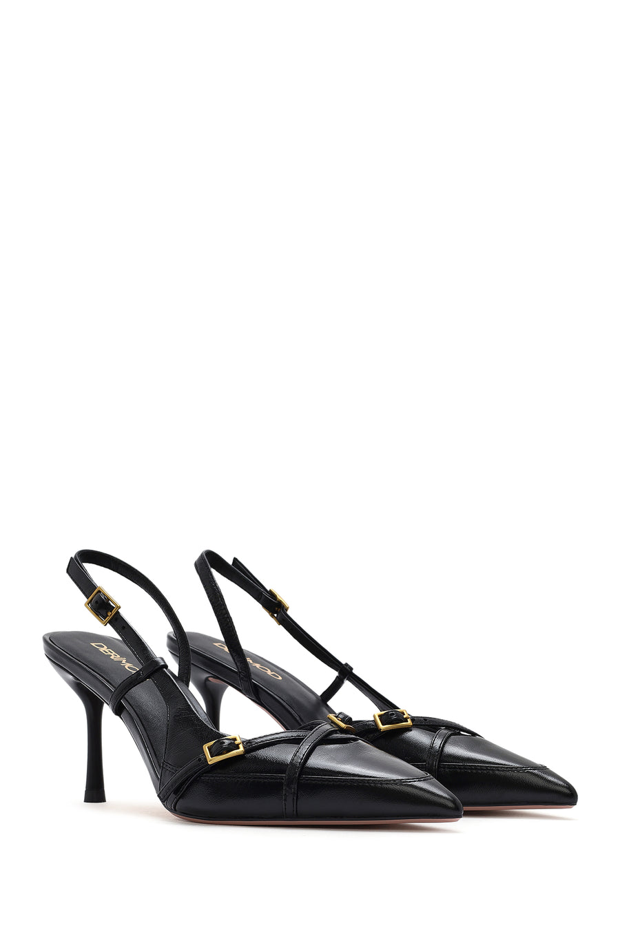Women's Black Open Back Thin Heeled Leather Shoes