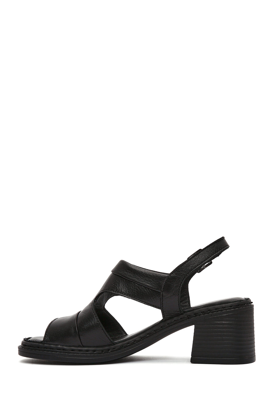 Women's Black Ankle Strap Thick Heeled Leather Sandals