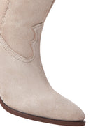Women's Beige Suede Leather Heeled Cowboy Boots | Derimod