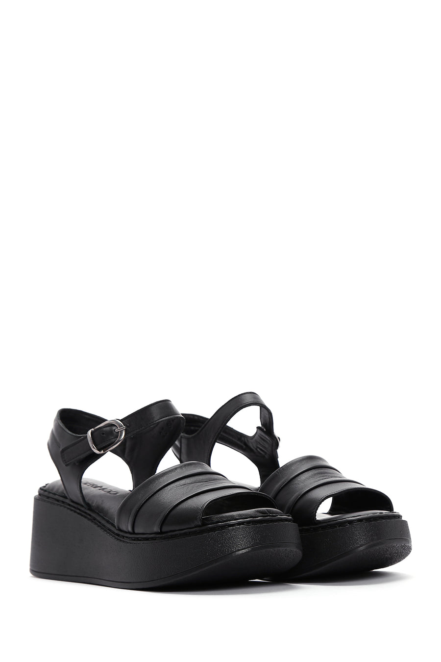 Women's Black Leather Thick Sole Comfort Sandals