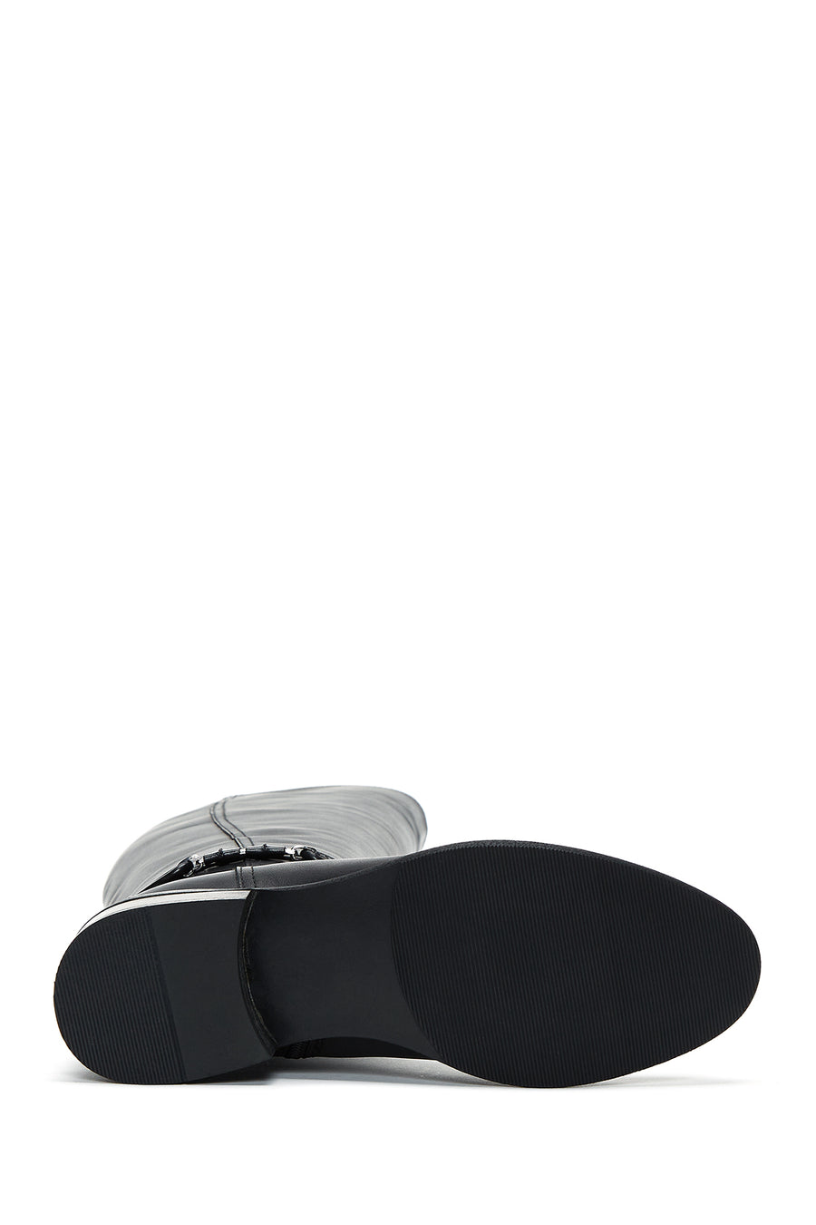 Women's Black Leather Buckle Flat Boots