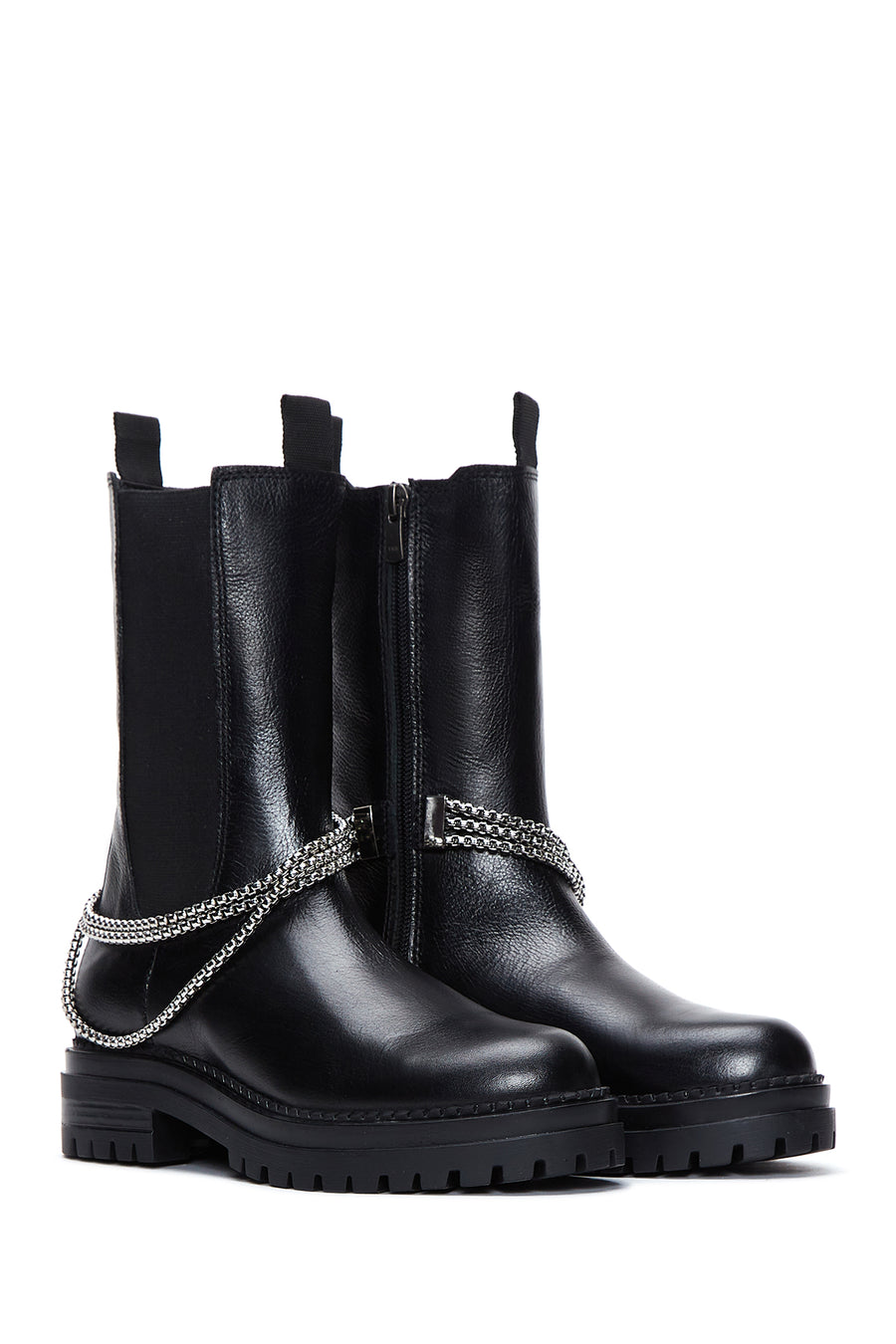 Women's Black Leather Zippered Chain Detailed Boots