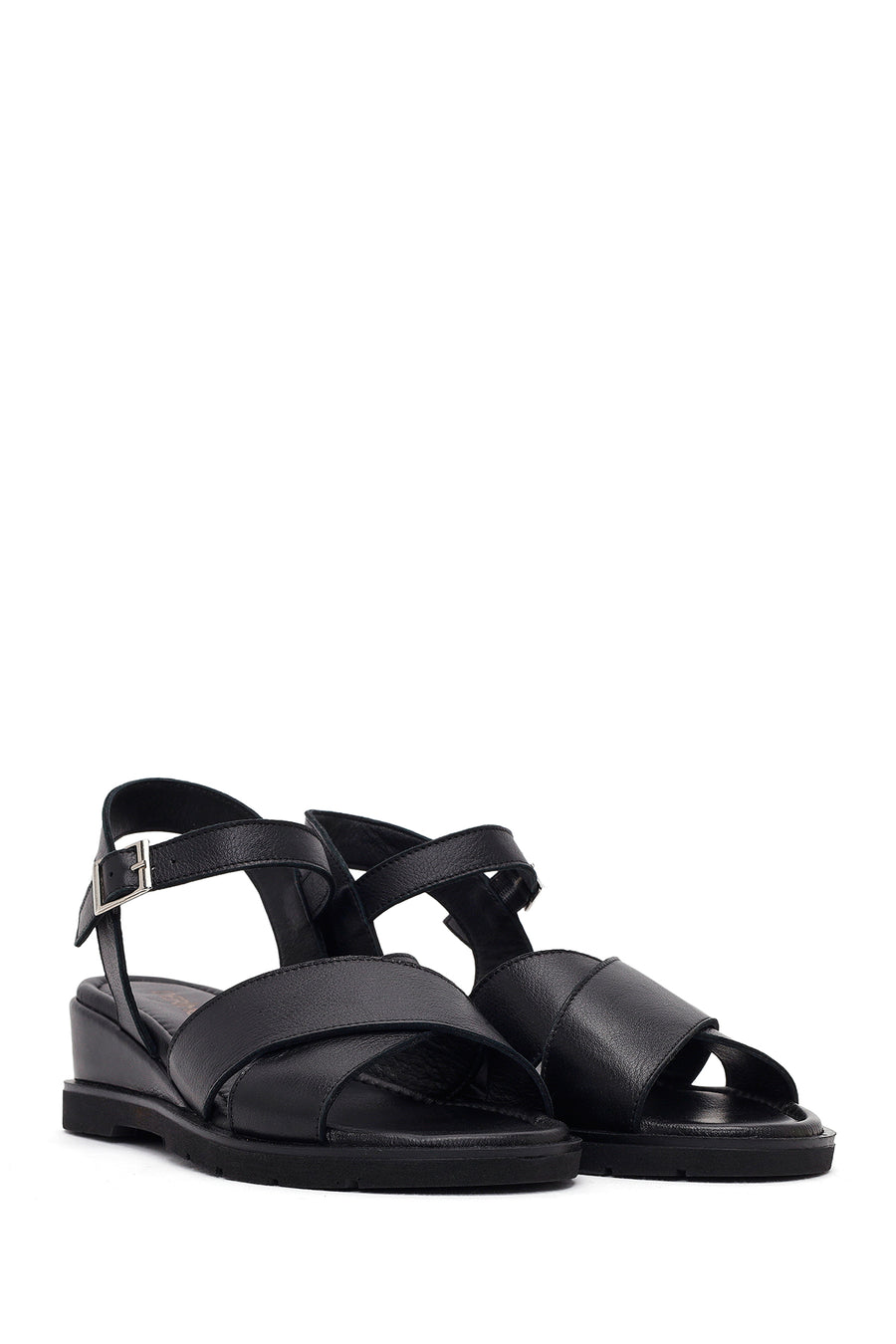 Women's Black Ankle Buckle Platform Leather Sandals