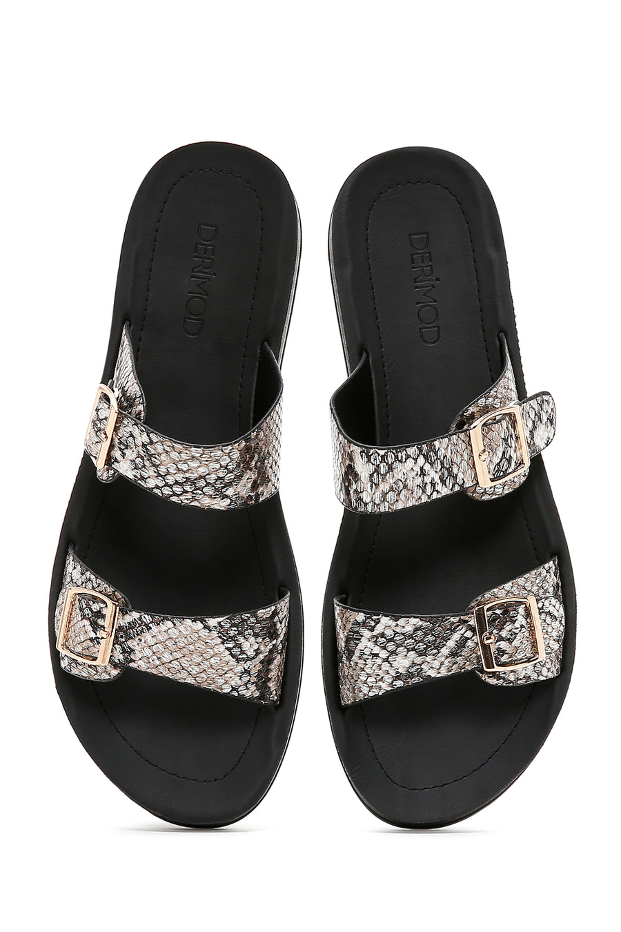 Women's Black Double Buckled Patterned Slippers