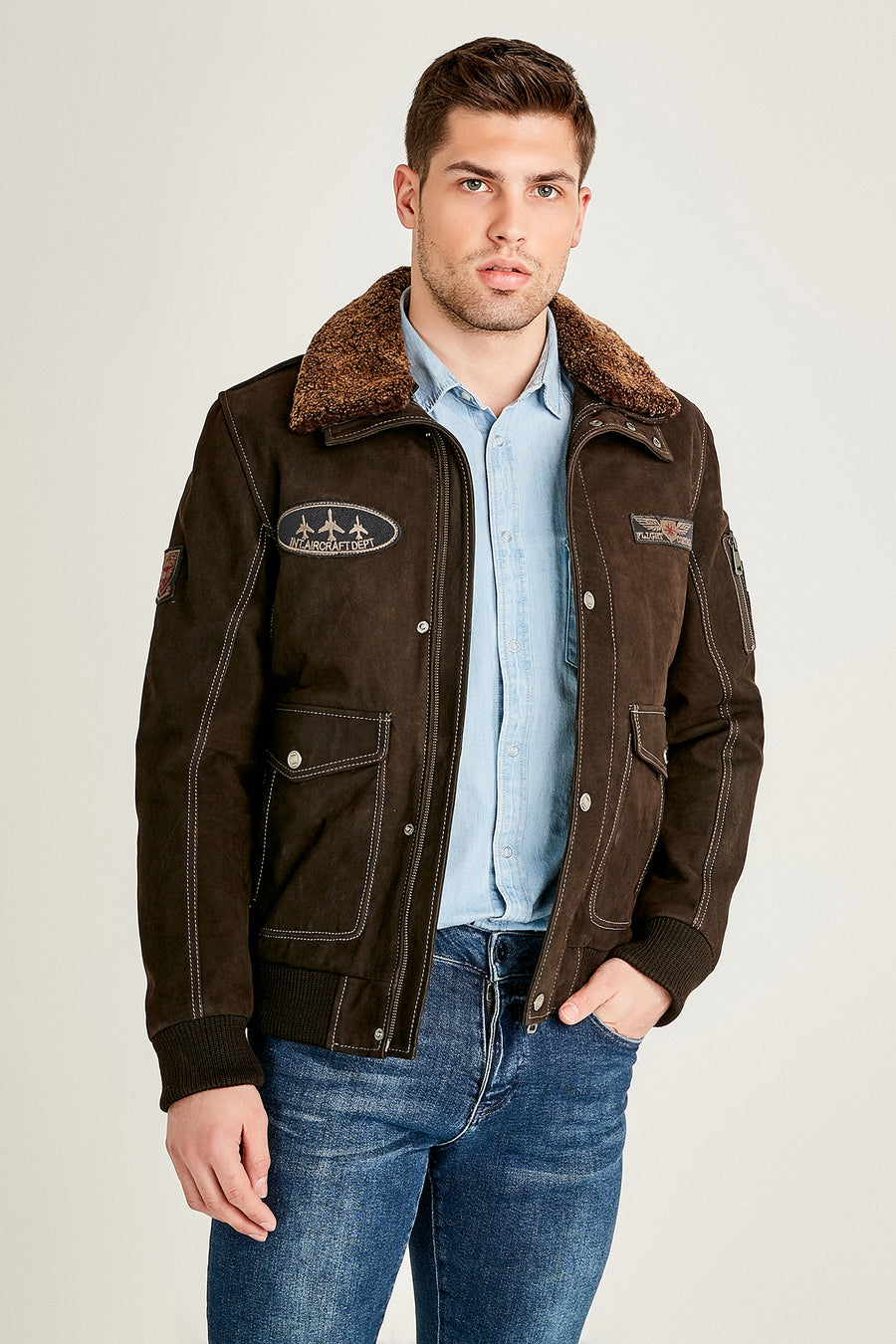 Air Force Men's Brown Fur Collared Nubuck Leather Pilot Jacket