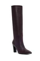 Women's Burgundy Thick Heeled Leather Boot | Derimod