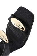 Women's Black Crocodile Patterned Leather High Thick Heeled Slippers | Derimod